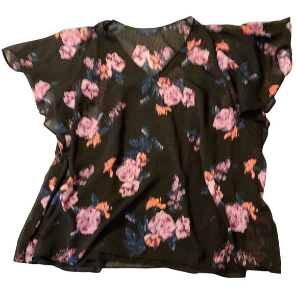 Rachel Roy Natalie Flutter Top 0X Sheer with Cami Black Blue Floral Relaxed Fit - Picture 5 of 13